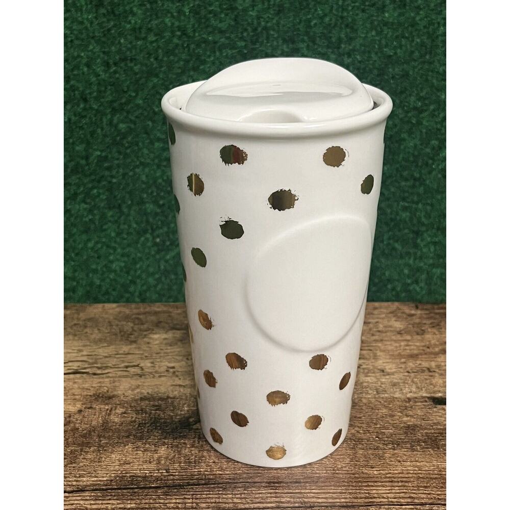 Starbucks 2014 Gold POLKA DOT 10 oz Ceramic Travel Tumbler/Mug w/Lid - Picture 2 of 8